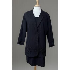 Vintage Styleworks Solid Black Sheath Dress/Blazer Set sz 18 Embroidered Career